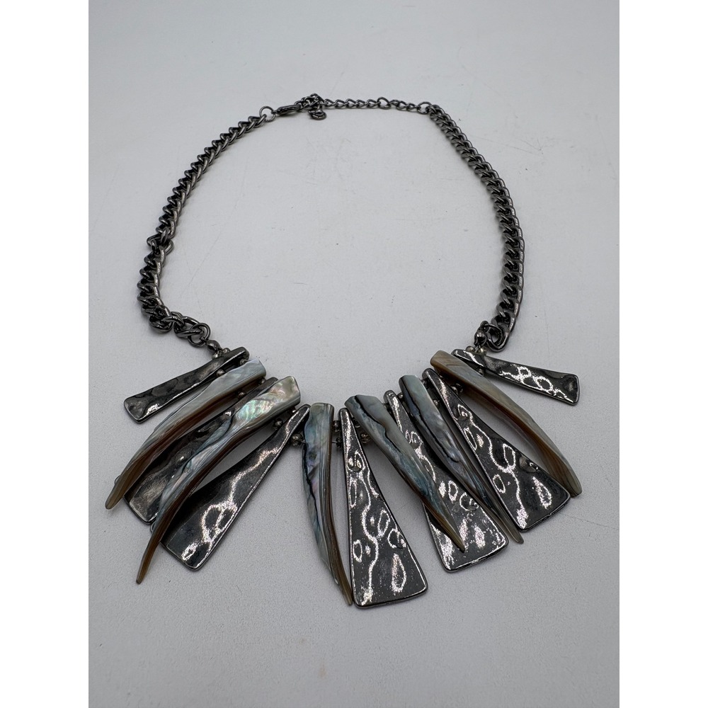 Gunmetal Abalone Shell Bib Statement Necklace Hammered Geometric Tribal Boho